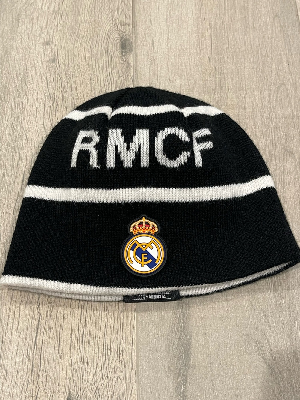 Real Madrid CF Black White Knit Beanie Hat 100% Madridista Winter Cap OS